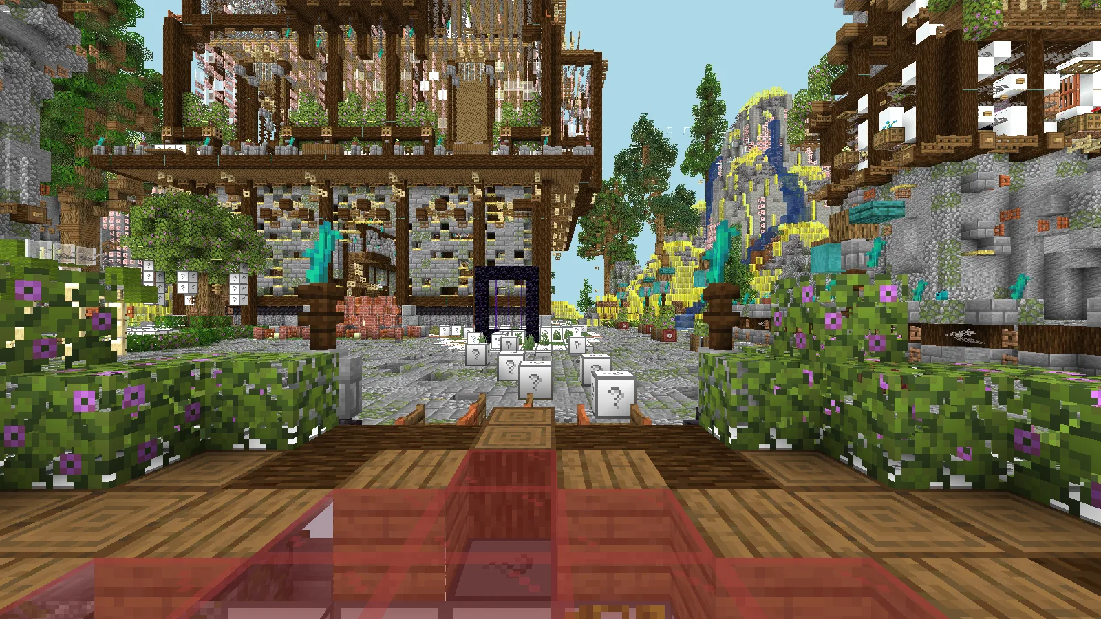 Timber hub gateway opening toward the mountain